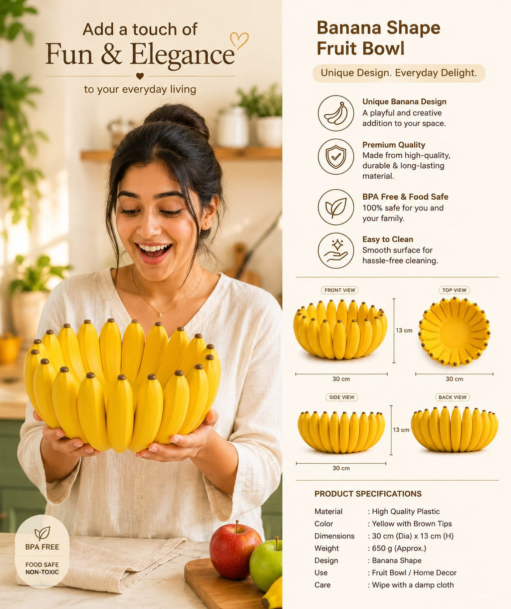 Banana Shape Fruit Bowl | Modern Decorative Fruit Basket for Kitchen, Dining Table & Home Decor | BPA-Free Premium  Storage Bowl