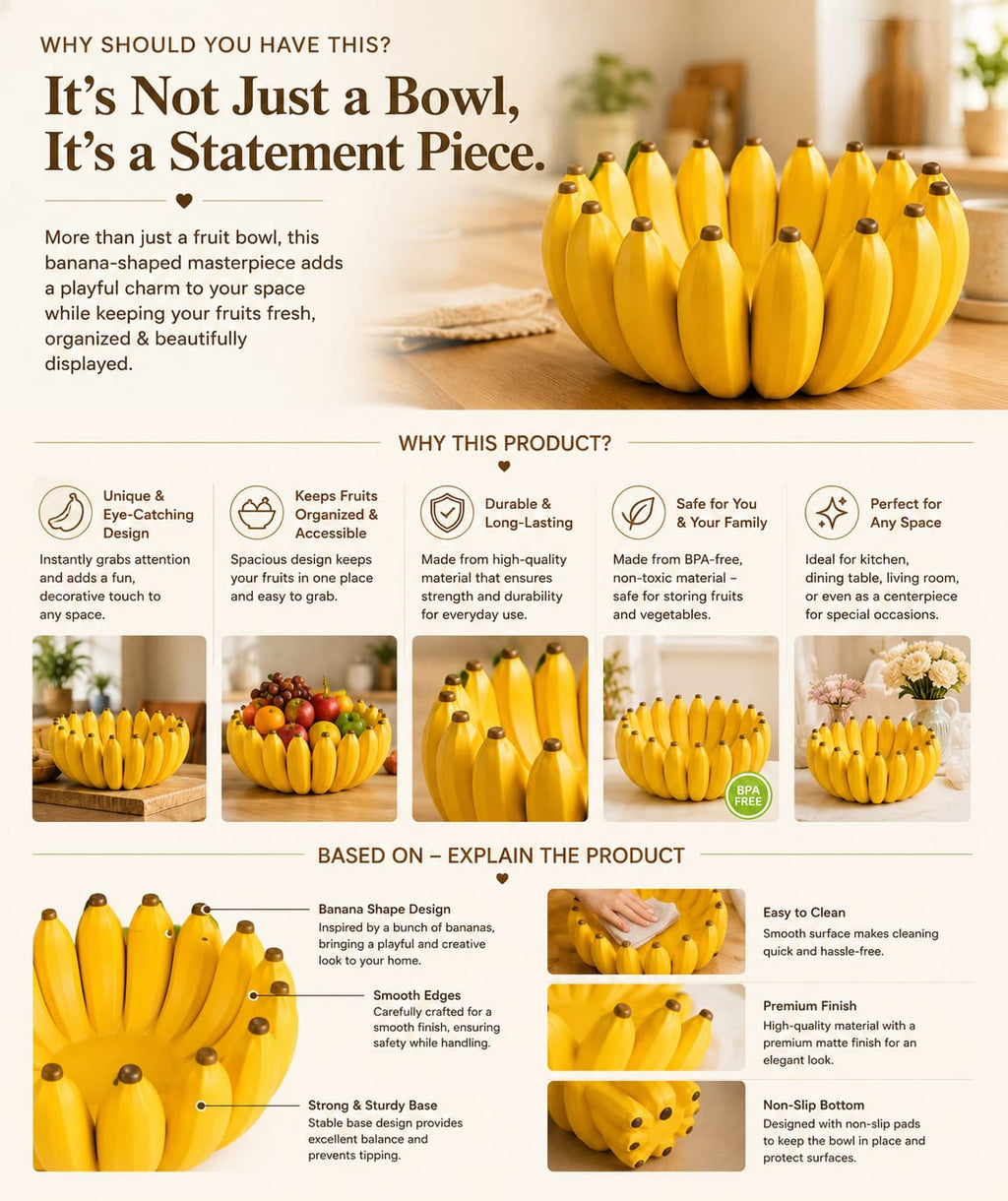 Banana Shape Fruit Bowl | Modern Decorative Fruit Basket for Kitchen, Dining Table & Home Decor | BPA-Free Premium  Storage Bowl