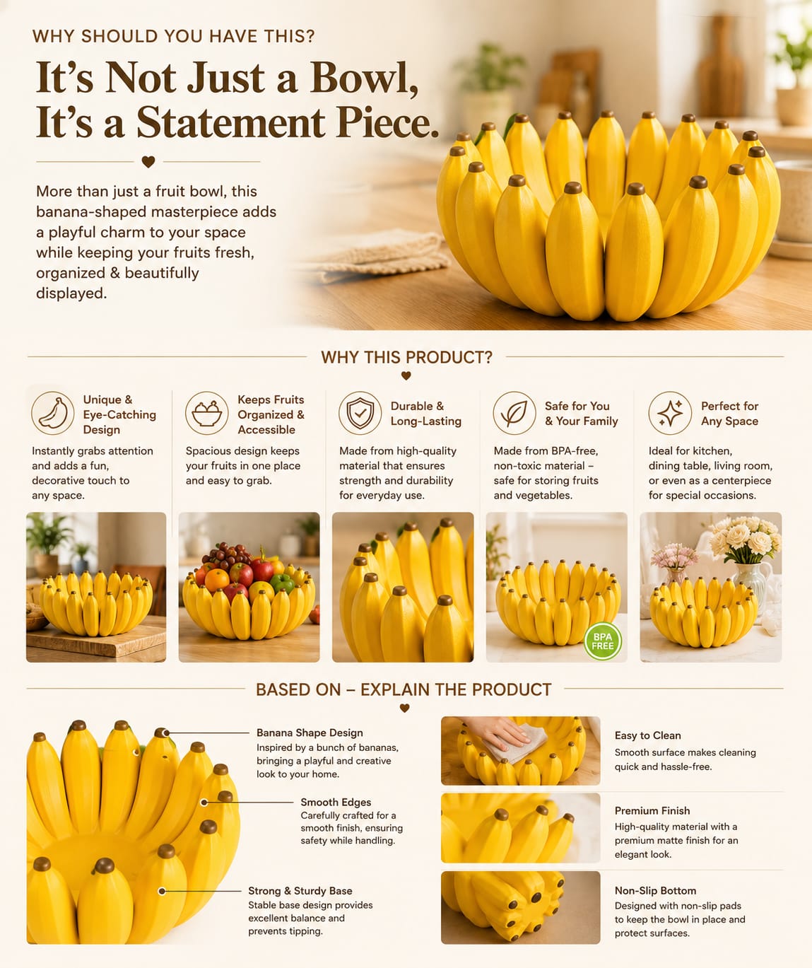 Banana Shape Fruit Bowl | Modern Decorative Fruit Basket for Kitchen, Dining Table & Home Decor | BPA-Free Premium  Storage Bowl