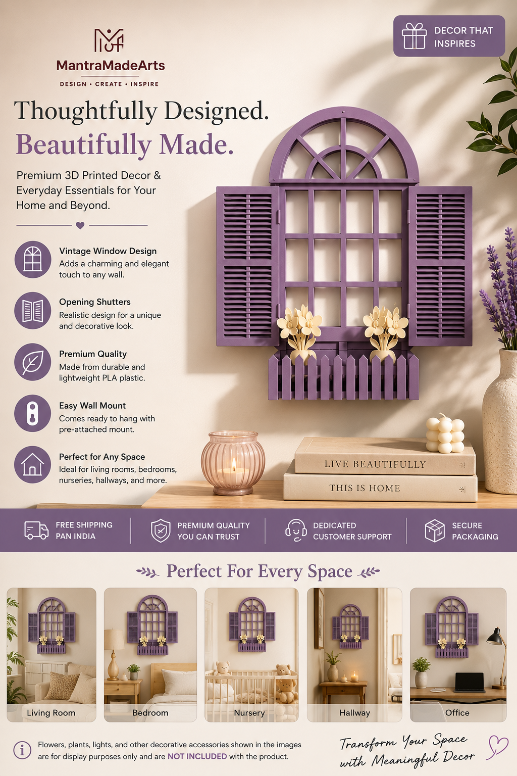 Decorative Vintage Window Wall Hanging |Lavender Farmhouse Wall Décor with Opening Shutters
