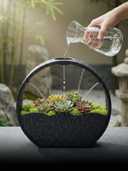 Zen Circle Succulent Fountain — Modern Self-Watering Planter with Rain Waterfall for Indoor/Outdoor Decor