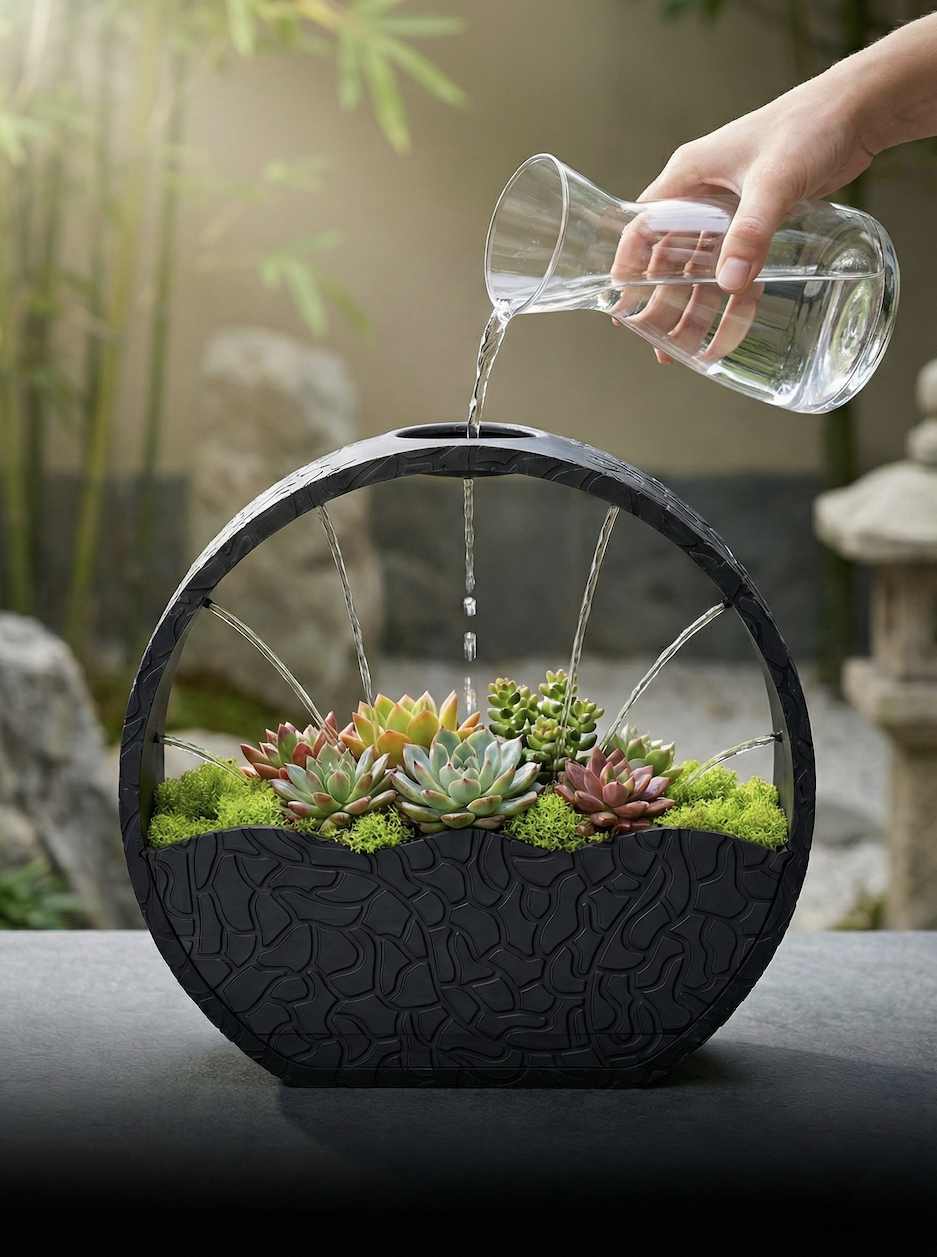 Zen Circle Succulent Fountain — Modern Self-Watering Planter with Rain Waterfall for Indoor/Outdoor Decor