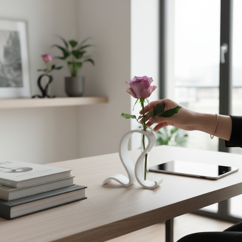 Modern Minimalist Single-Rose Vase — Sculptural 3D Printed Holder with Glass Test Tube