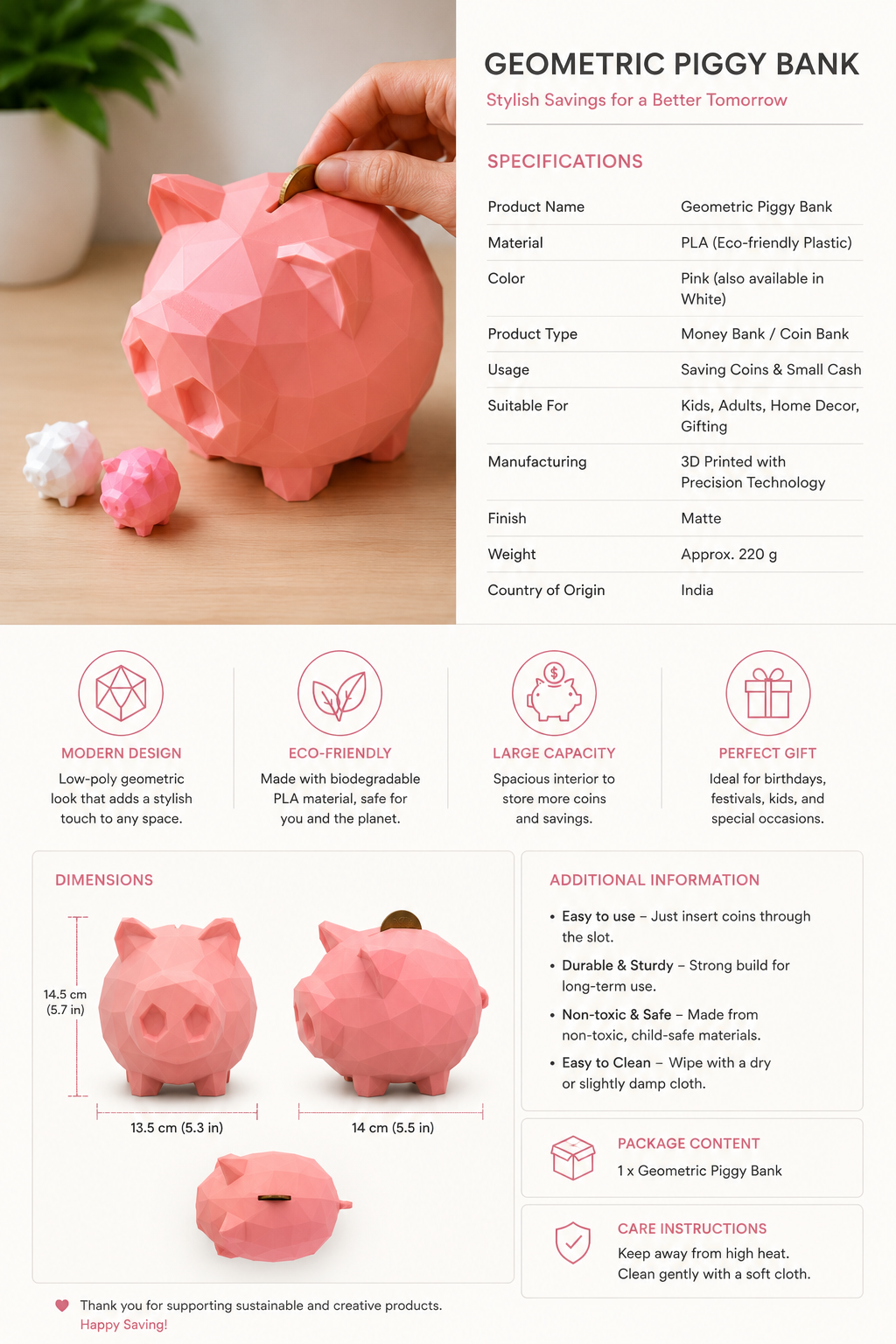 Mantra Made Arts Premium 3D Printed Geometric Piggy Bank | Modern Coin Saving Bank | Birthday Gift for Kids & Adults | Eco-Friendly PLA Decor