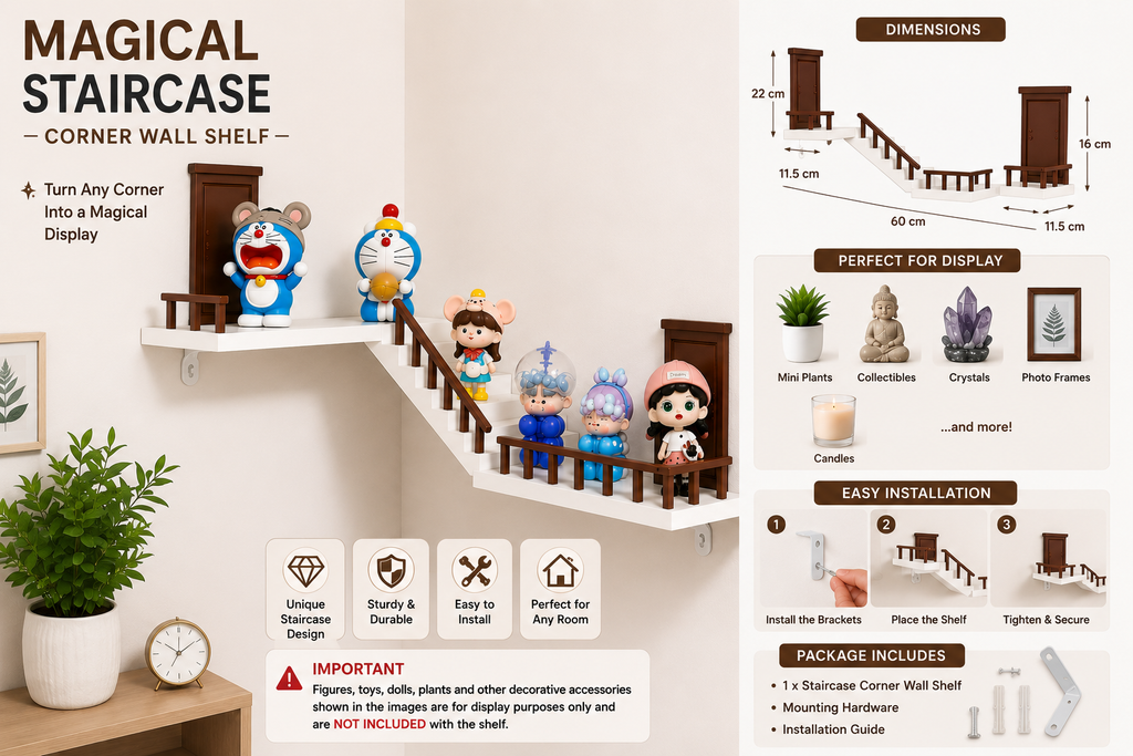 Magical Staircase Corner Wall Shelf | Floating Decorative Display Shelf for Collectibles & Home Décor