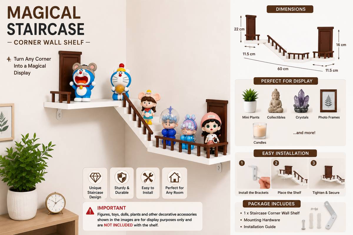 Magical Staircase Corner Wall Shelf | Floating Decorative Display Shelf for Collectibles & Home Décor