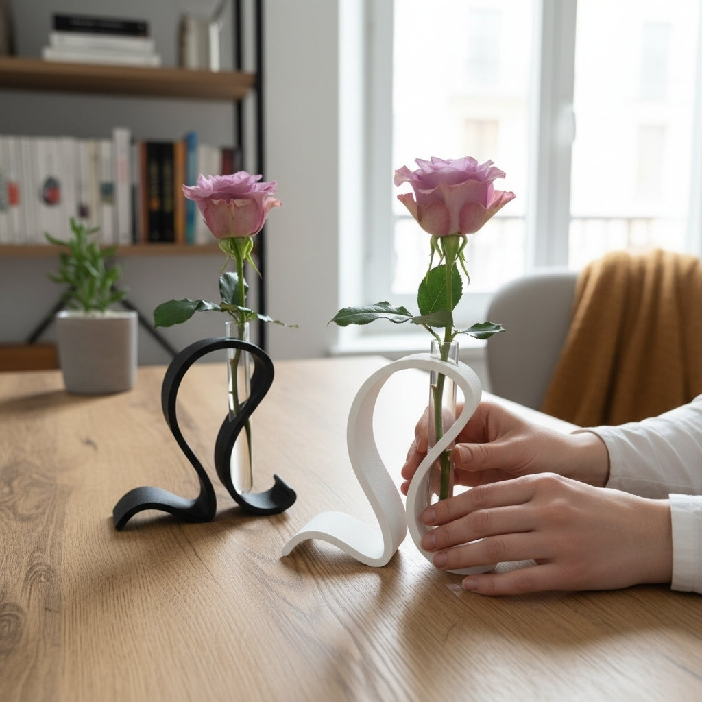 Modern Minimalist Single-Rose Vase — Sculptural 3D Printed Holder with Glass Test Tube