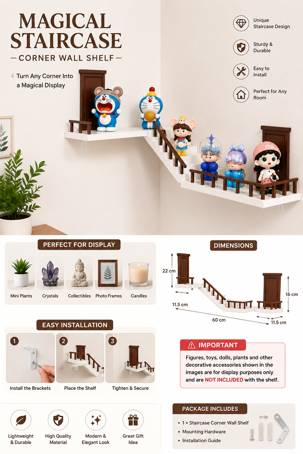 Magical Staircase Corner Wall Shelf | Floating Decorative Display Shelf for Collectibles & Home Décor