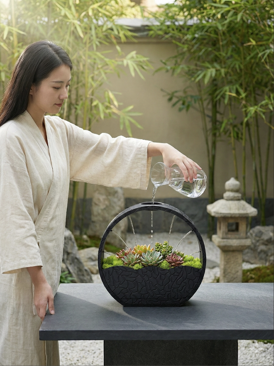 Zen Circle Succulent Fountain — Modern Self-Watering Planter with Rain Waterfall for Indoor/Outdoor Decor