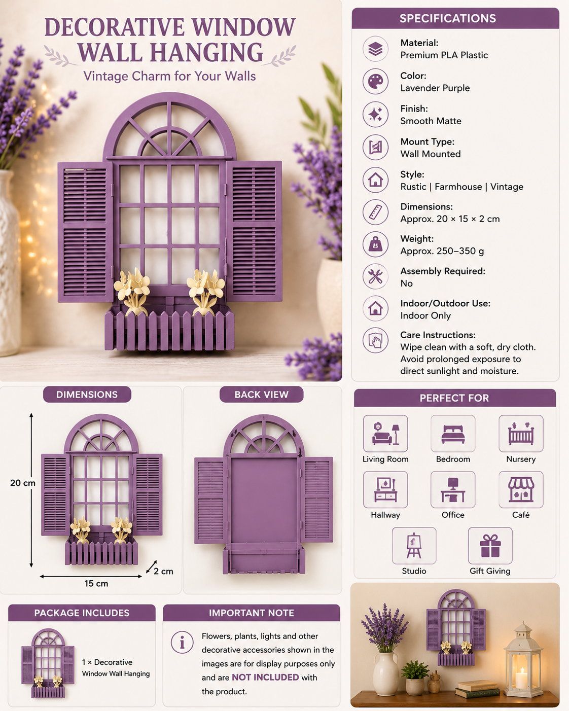 Decorative Vintage Window Wall Hanging |Lavender Farmhouse Wall Décor with Opening Shutters