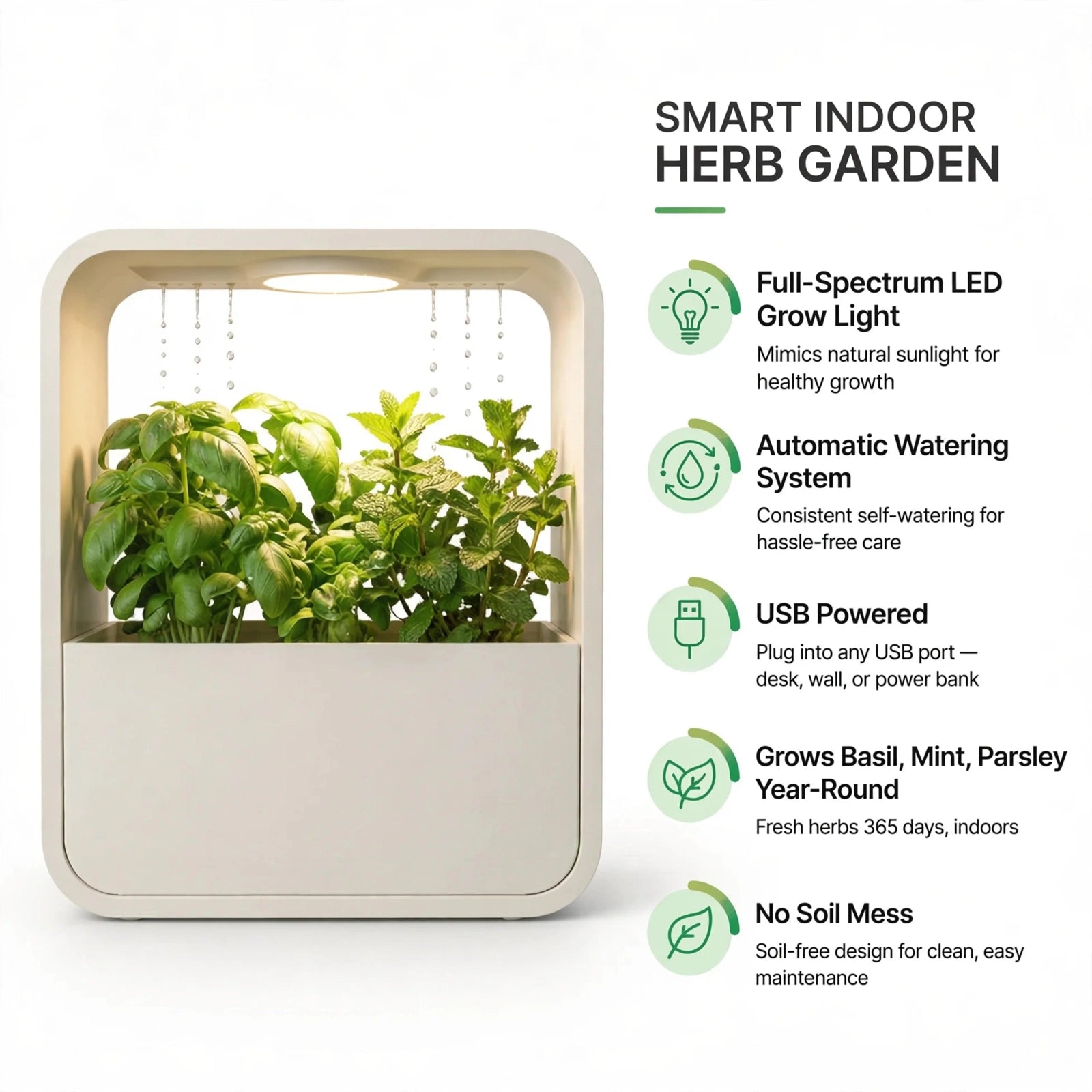 Hydroponic Indoor Herb Garden Kit — USB Grow Light, Auto-Watering, Year-Round