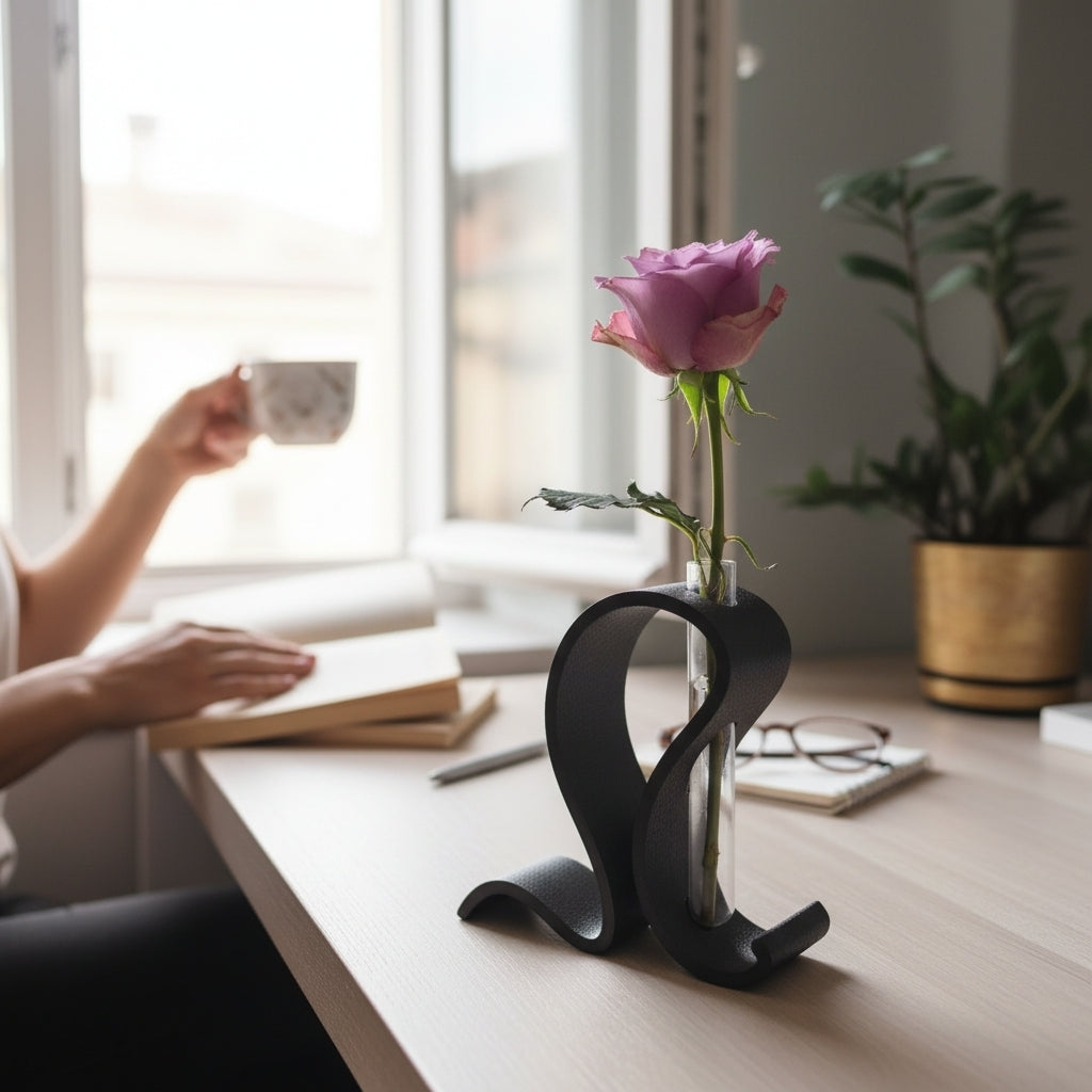 Modern Minimalist Single-Rose Vase — Sculptural 3D Printed Holder with Glass Test Tube