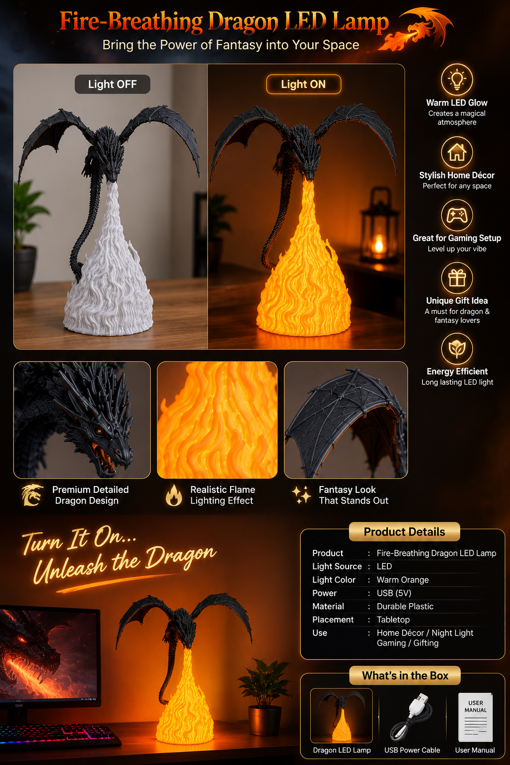Fire-Breathing Dragon Lamp | Fantasy LED Night Light