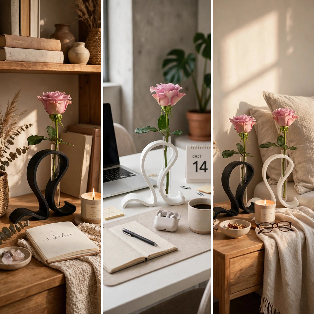Modern Minimalist Single-Rose Vase — Sculptural 3D Printed Holder with Glass Test Tube