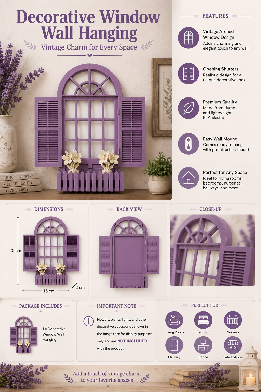 Decorative Vintage Window Wall Hanging |Lavender Farmhouse Wall Décor with Opening Shutters